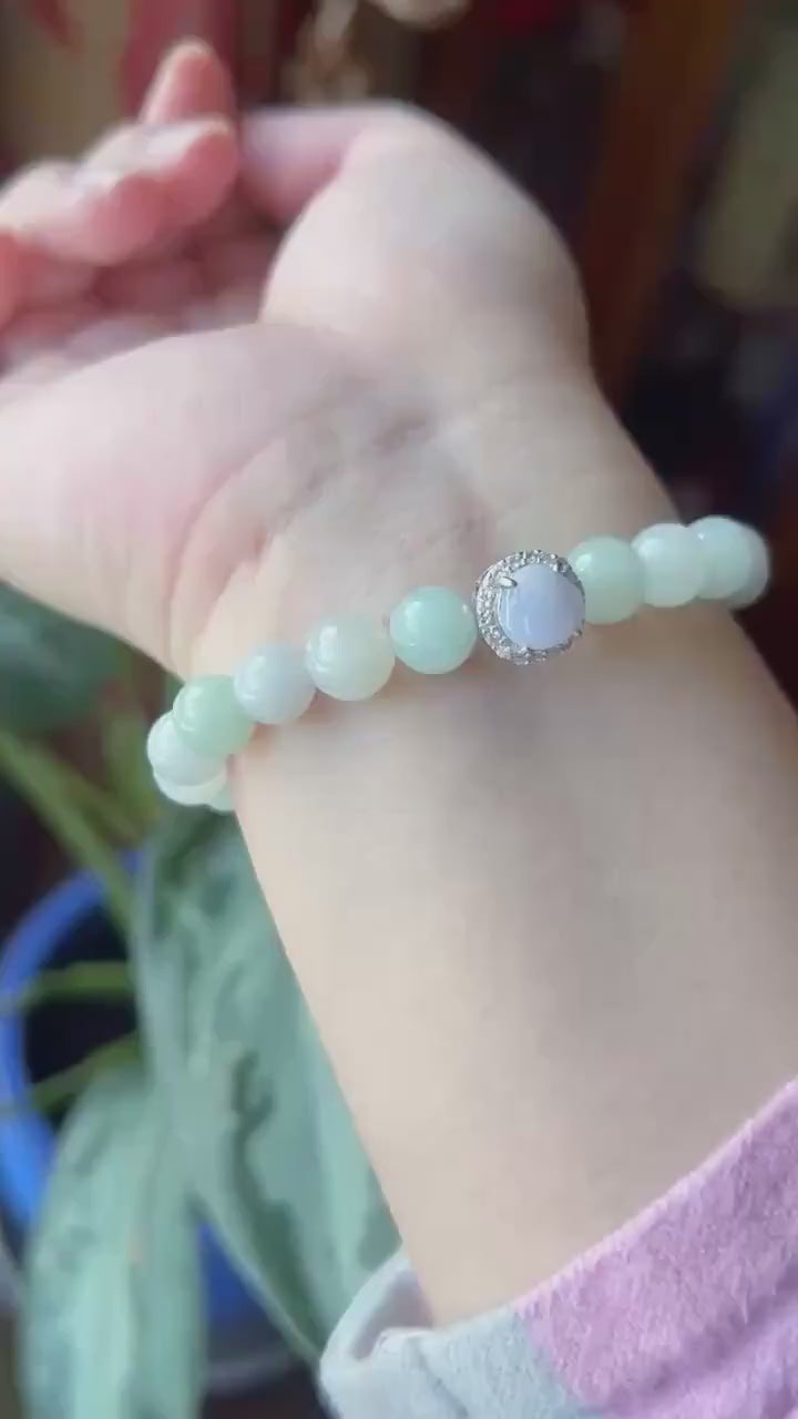 Natural Jadeite Beaded Bracelet – Burmese Type A Icy Translucent Pastel Lavender Purple & Light Green Jade, Laughing Buddha Focal, 8.5mm
