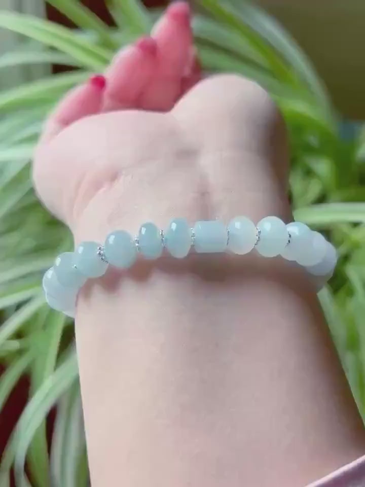 Jadeite Jade Beaded Bracelet Jewelry Gift for Her Burmese Natural High Translucency Type A Icy Blue Gradient Color 8.5mm Handmade in Canada