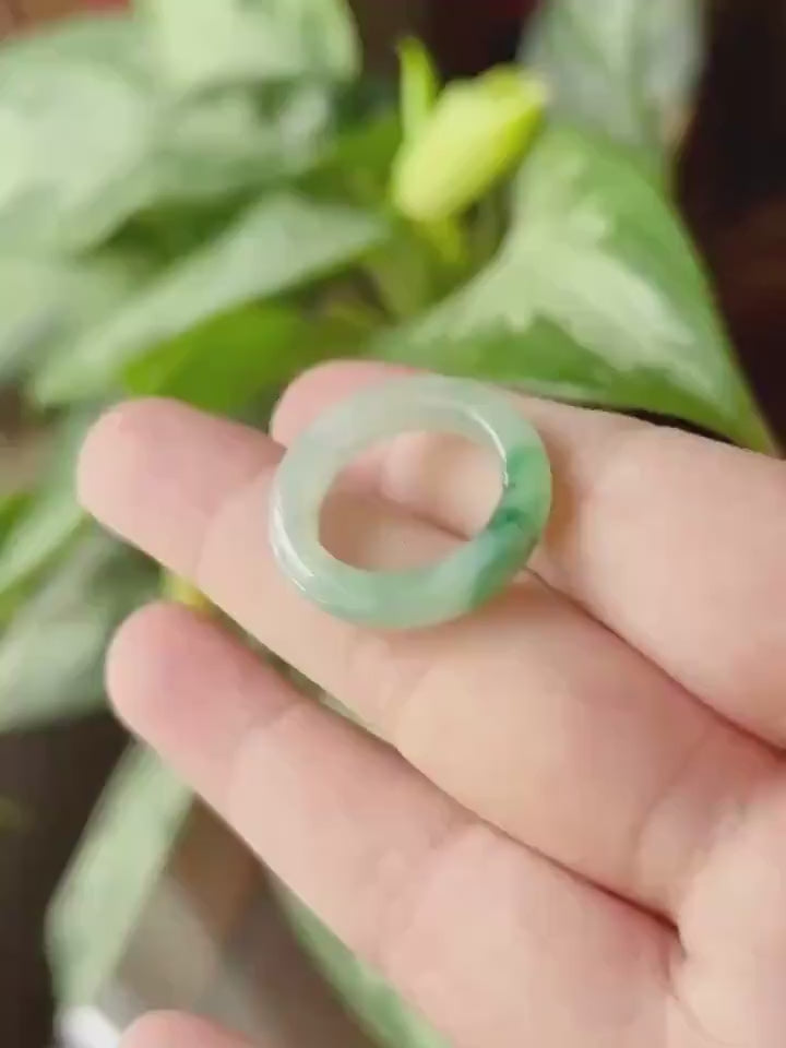 Certified Natural Jadeite Ring Band | Burmese Type A Highly Translucent Icy Glutinous Vivid Green Floral Color | US Size 7