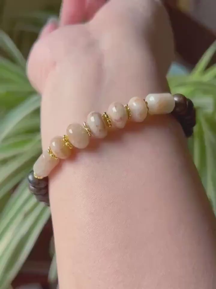 Jadeite Jade & Wood Beaded Bracelet Jewelry Gift for Her Natural Burmese Untreated Icy Translucent Type A RARE Red Floral Jade 10.5mm FeiCui