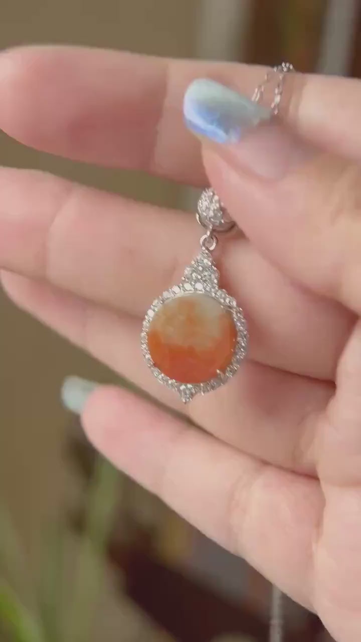 Natural Jadeite & Sterling Silver Pendant Burmese Type A RARE Icy Translucent Pumpkin Color Peace Plaque Orange Jade Halloween Gift