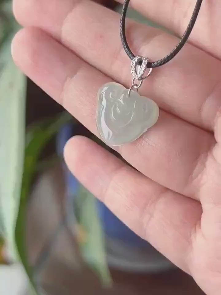 Natural Jade RuYi Lock Pendant | Burmese Type A Highly Translucent Icy Light Blue/ Pale Green Jadeite, 925 Sterling Silver