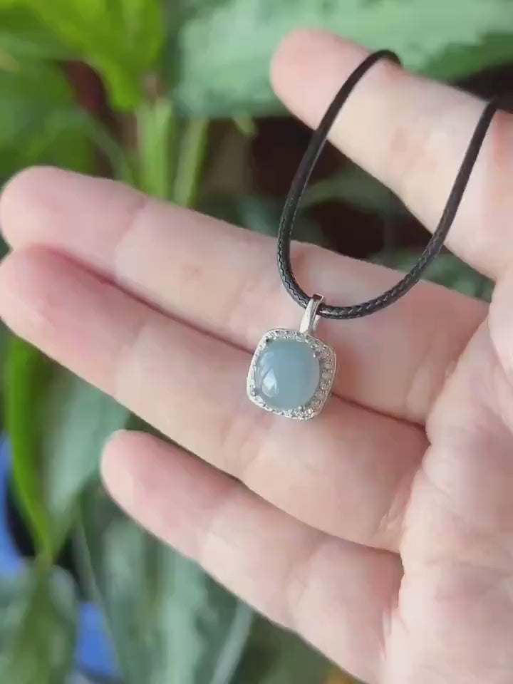 Natural Jadeite Cabochon Pendant Minimalist Jewelry Burmese Type A Highly Translucent Icy Blue Lavender Jade, 925 Sterling Silver