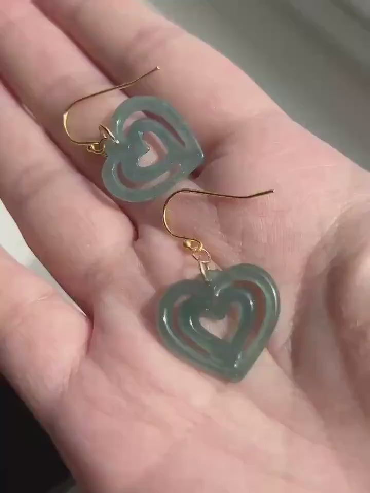 Natural Jadeite Heart Earrings Guatemalan Type A Icy Translucent Bluish Green Jade Gold Vermeil Hooks Mother’s Day Gift