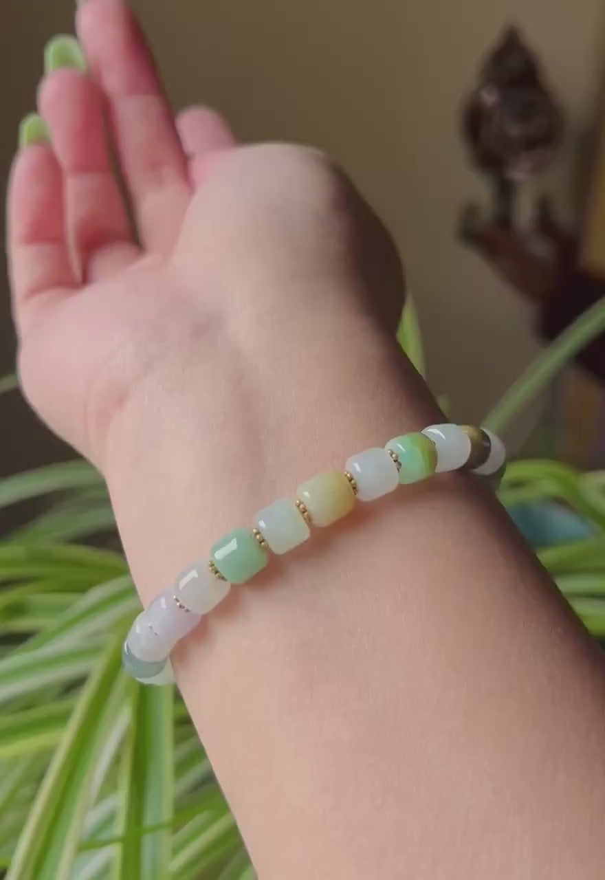 Jadeite Jade Bracelet Jewelry Gift for Her 100% Genuine Burmese Icy Translucent Type A 8mm Multi-Color Barrel Bead FeiCui Handmade in Canada