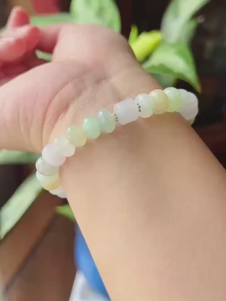 Natural Jadeite Beaded Bracelet, Burmese Type A Untreated Highly Translucent Icy Glutinous Candy Macaron Multicolor Jade, 9.5mm