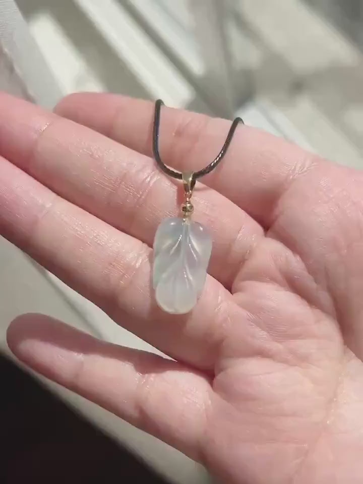 Natural Jadeite Leaf Pendant | Burmese Type A Highly Translucent Icy Blue Floral Jade, Minimalist Jewelry