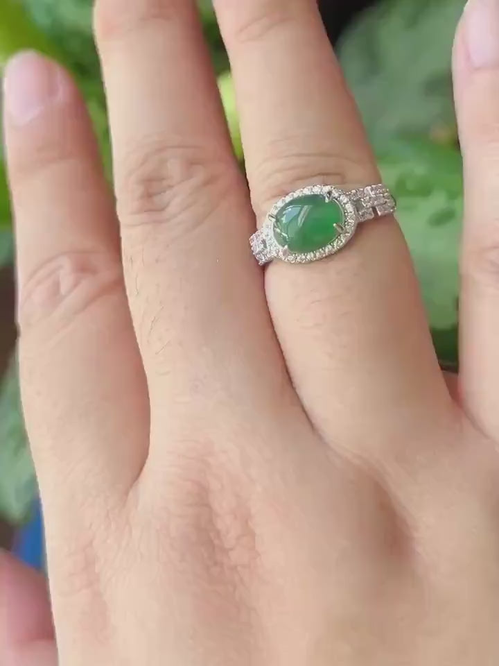 Natural Jadeite Cabochon Ring | Burmese Type A Highly Translucent Icy Dark Green Jade Sterling Silver | Minimalist Jewelry
