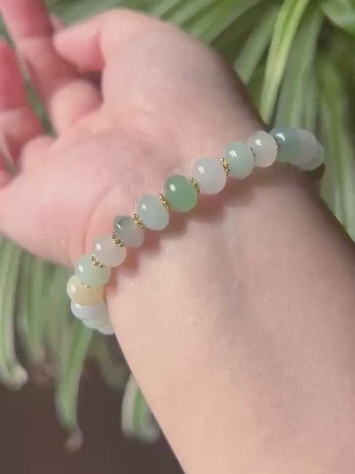 Jadeite Jade Beaded Bracelet Jewelry Gift for Her Natural Burmese Type A Icy High Translucency Jadeite Multi-color 8.3mm Drum Bead Handmade