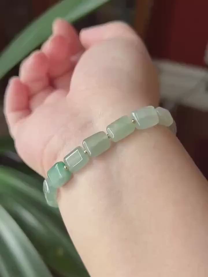Natural Jadeite Beaded Bracelet Burmese Type A Translucent Icy Gradient Blue-Green Jade 8.5 x 5mm Minimalist Jewelry Freeform Beads