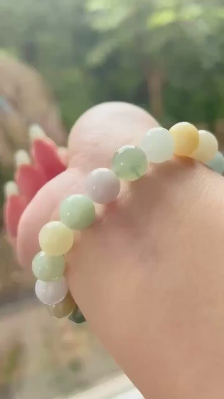 Burmese Jadeite Beaded Bracelet: Natural Type A Highly Translucent Icy Autumn Multicolor 10mm Myanmar Jade Untreated