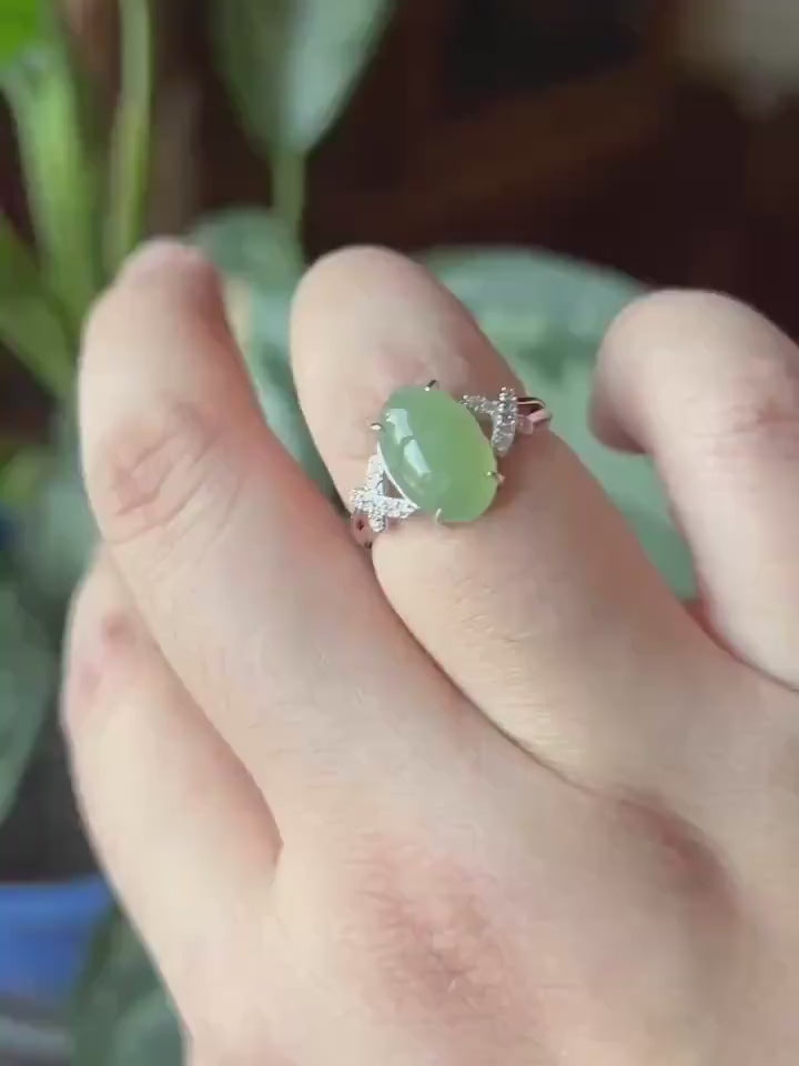 Certified Natural Jadeite Ring Mother’s Day Gift Burmese Type A fine glutinous Yellowish Green Oval Cabochon Jade 12x7.7mm| Sterling Silver