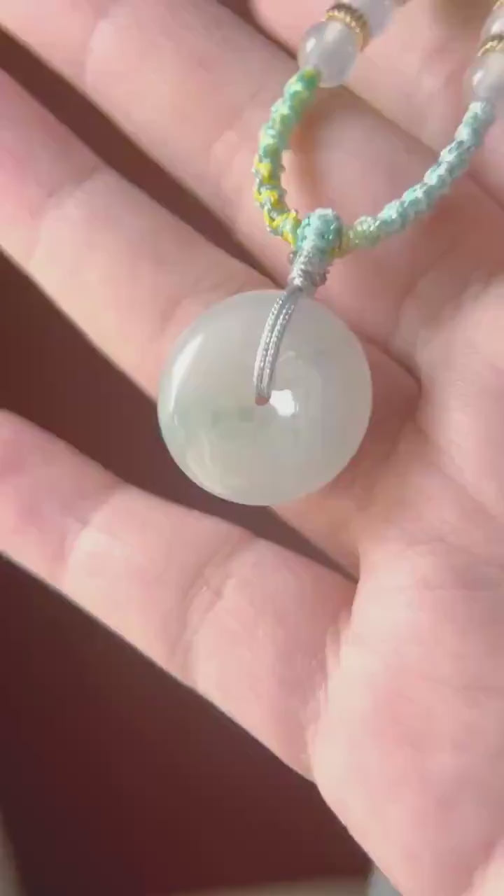 Natural Jadeite Lucky Donut Pendant Handwoven Necklace Burmese Type A Icy White & Green Floral Jade PingAnKou 21.2x6.2mm