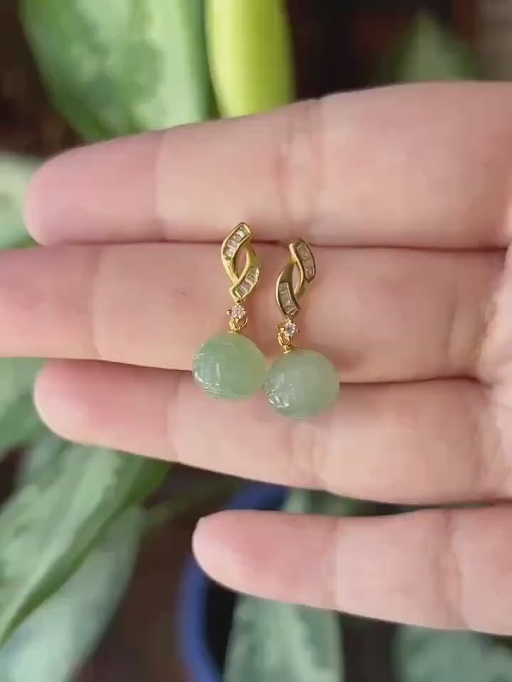 Natural Jadeite Handcarved Beaded Earrings: Burmese Type A Icy Translucent Green Jade, Sterling Silver