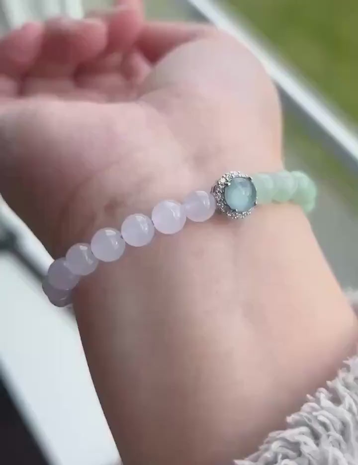 Natural Jadeite Beaded Bracelet Natural Burmese Type A Icy Highly Translucent Lavender Purple & Green Jade 7mm