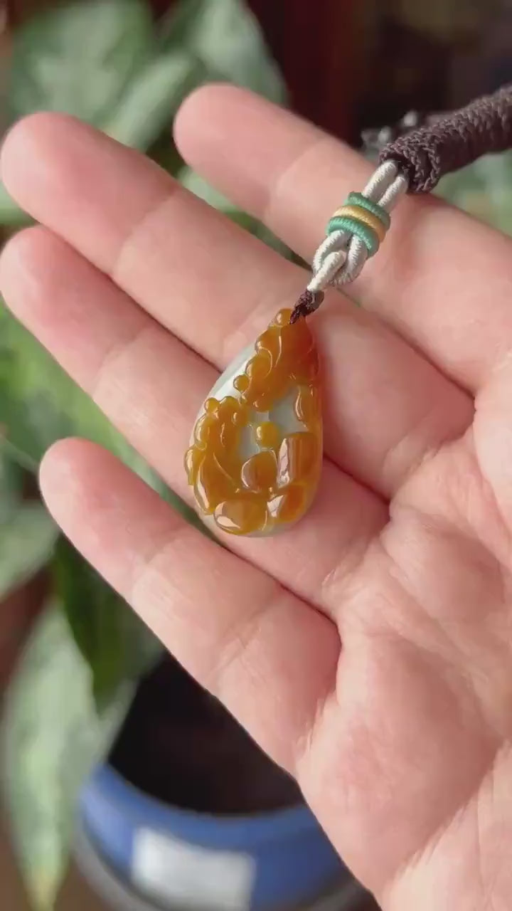 Natural Jadeite Pendant, Lotus and Koi Carving, Burmese Type A Icy Translucent Red Jade, Symbol of Abundance