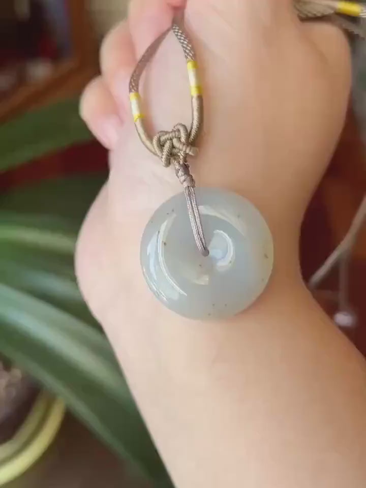 Certified Natural Jadeite Donut Pendant Adjustable Necklace Burmese Type A RARE Icy Grayish Blue Lavender & Red Floral Jade 28 x 6.4mm
