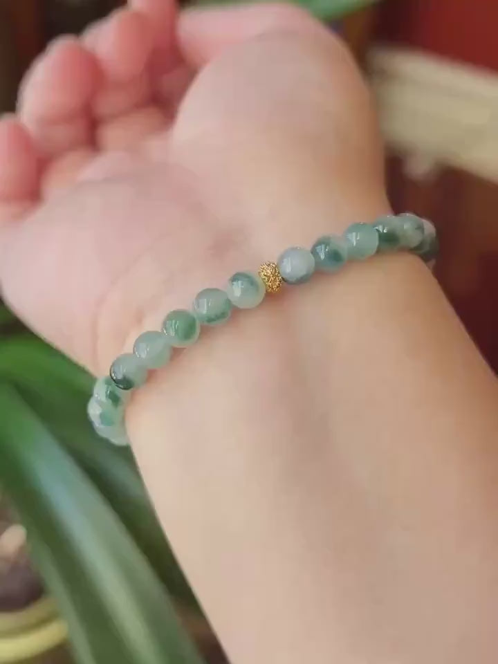 Certified Natural Jadeite Beaded Bracelet, Burmese Type A Highly Translucent Icy Blue Green Floral Jade, 6mm