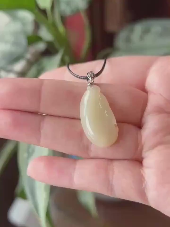 Certified Natural Jade RuYi Gourd Pendant | Burmese Type A Icy Gelatinous Light Honey Yellow Jadeite, 925 Sterling Silver