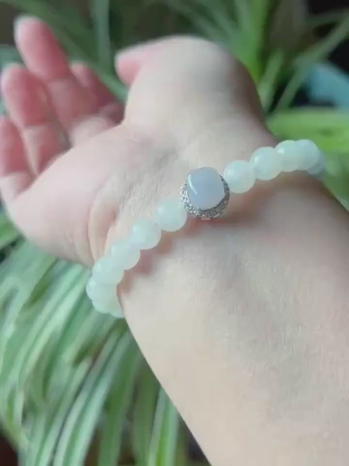 Burmese Jadeite Beaded Bracelet: Natural Type A Icy Translucent Light Green Purple 7mm Myanmar Jade Untreated