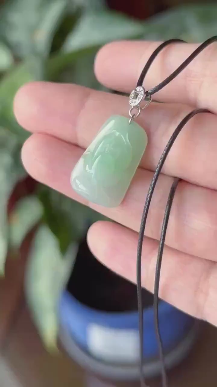 Natural Jadeite Lotus Pendant, Burmese Type A Icy Translucent Icy Apple Green Jade, Sterling Silver Bail