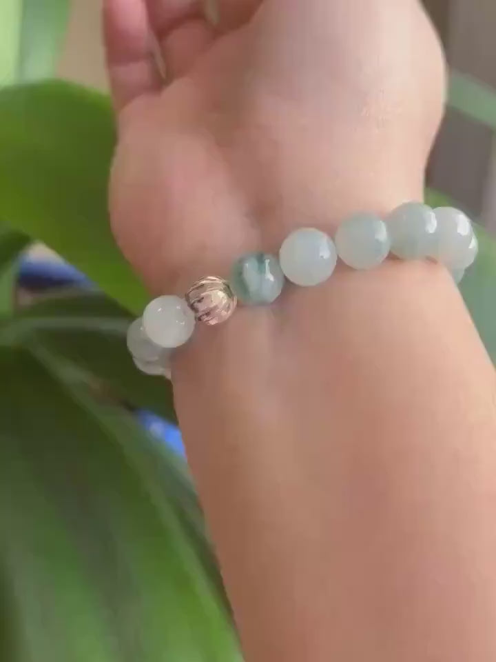 Jadeite Jade Beaded Bracelet Jewelry Authentic Untreated Genuine Type A Burmese Icy Translucent Blue Floral(蓝飘花) 10mm FeiCui Handemade Gift