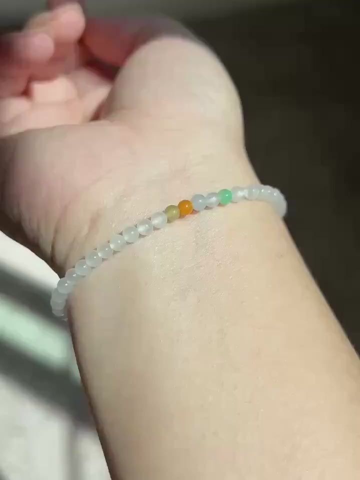Natural Jadeite Beaded Bracelet – Burmese Type A Highly Translucent Icy Moonlight White Jade, 3.6mm, Minimalist Jewelry