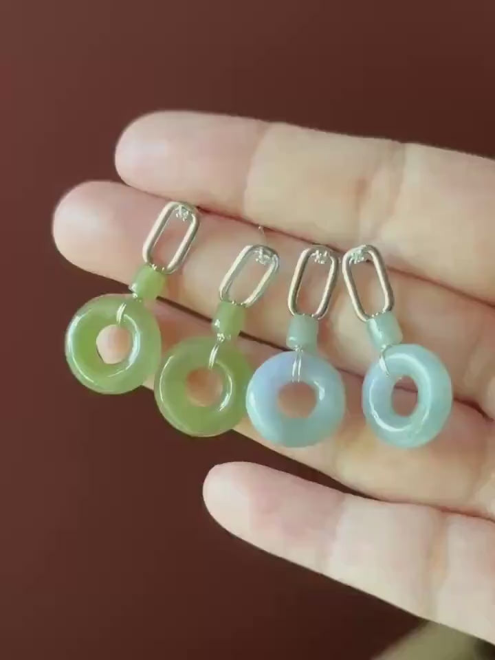 Certified Natural Jadeite Lucky Donut Earrings: Burmese Type A Icy Translucent Monet Garden Lavender/ Green Tea Yellow Jade, Sterling Silver