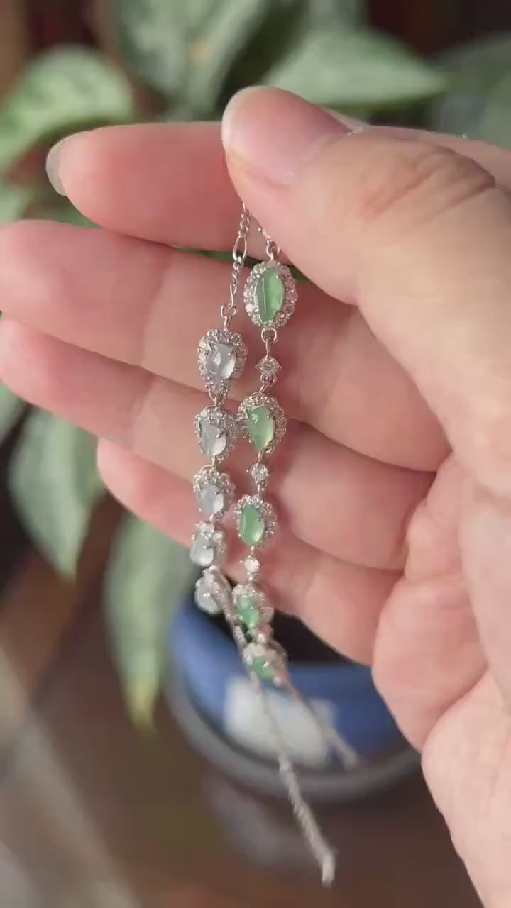 Natural Jadeite Marquise Bracelet, Burmese Type A Superior Translucency Icy White or Mint Green Fine Jade in 925 Sterling Silver