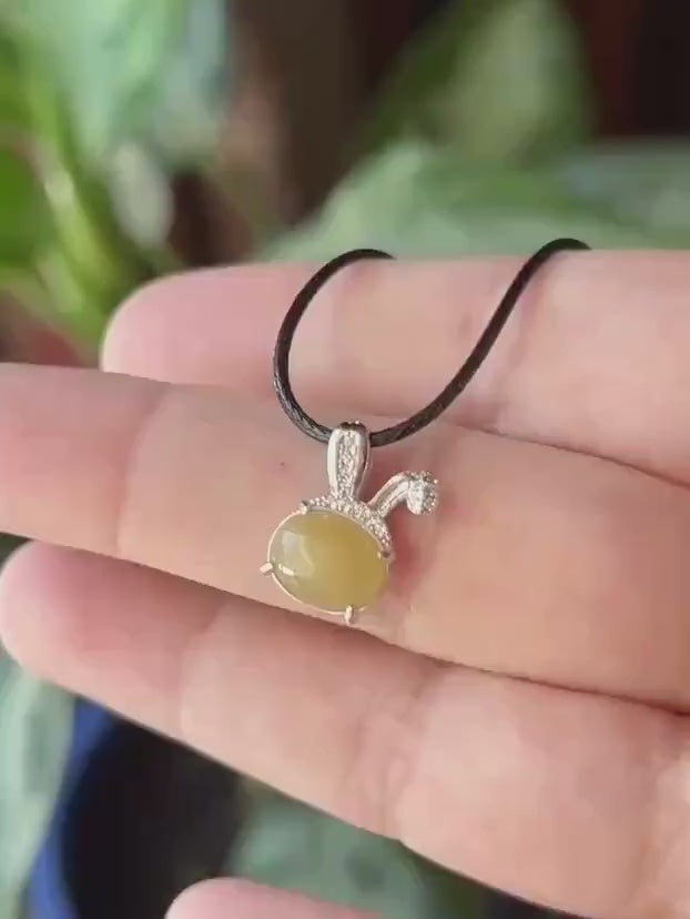 Natural Jadeite Petite Bunny Pendant 925 Sterling Silver | Burmese Type A Unheated Translucent Icy Honey Yellow Jade
