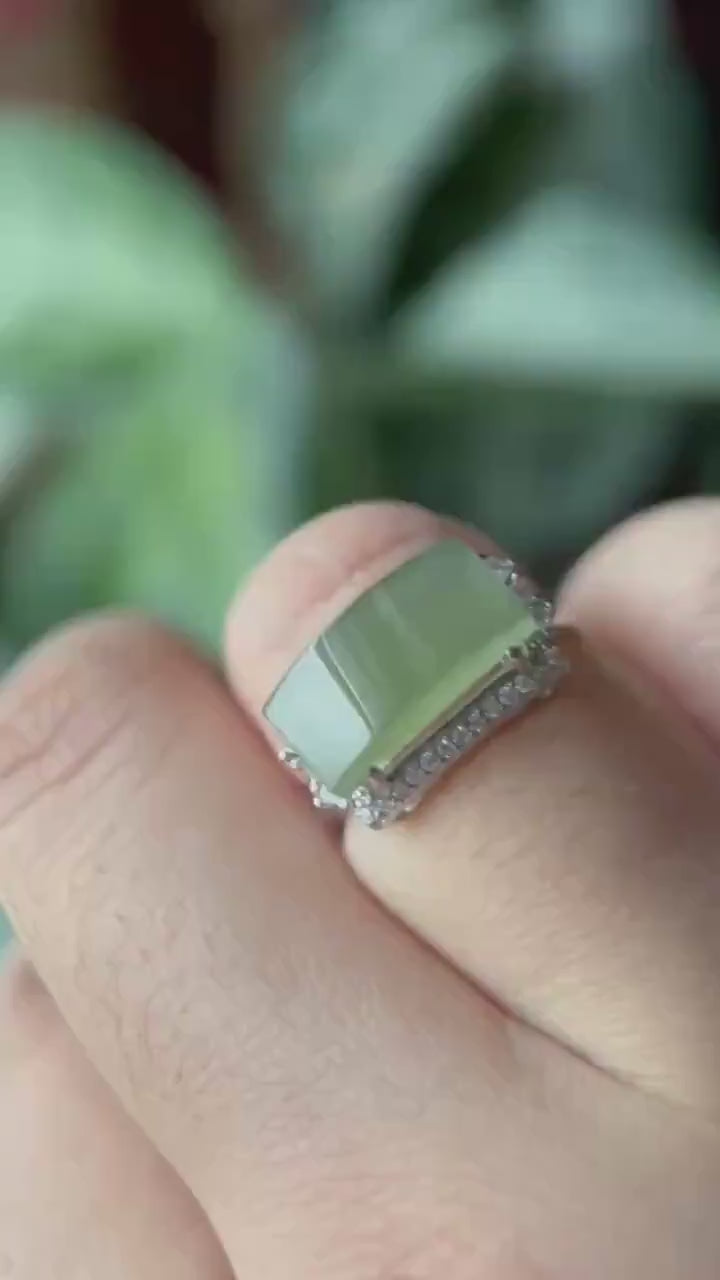 Burmese Jadeite Ring: Yellowish Green GreenTea Color Jade with Sterling Silver Adjustable Band - Certified Natural Type A