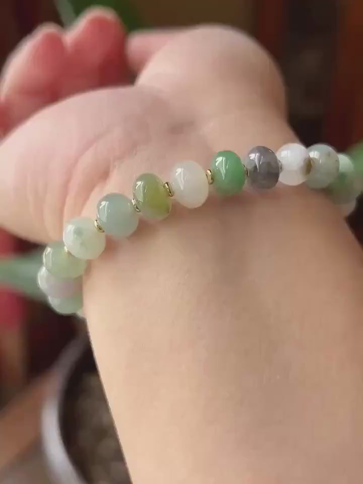 Natural Jadeite Beaded Bracelet: Burmese Type A Highly Translucent Icy Multicolor Floating Flowers Jade, Rare Color Patterns, 9mm