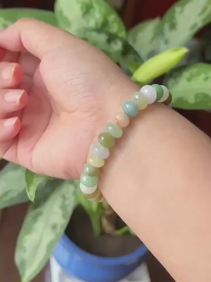 Natural Jadeite Beaded Bracelet Burmese Type A Translucent Icy Multicolor Floral Jade 9.5mm | Autumn Color Jewelry