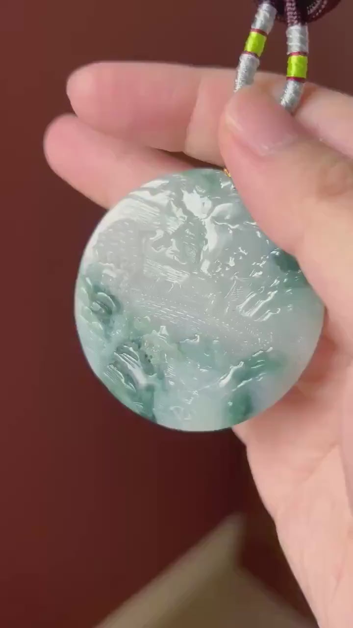 Certified Natural Jadeite Double-Sided Landscape Pendant, Burmese Type A Icy Translucent Blue Floral Jade Necklace