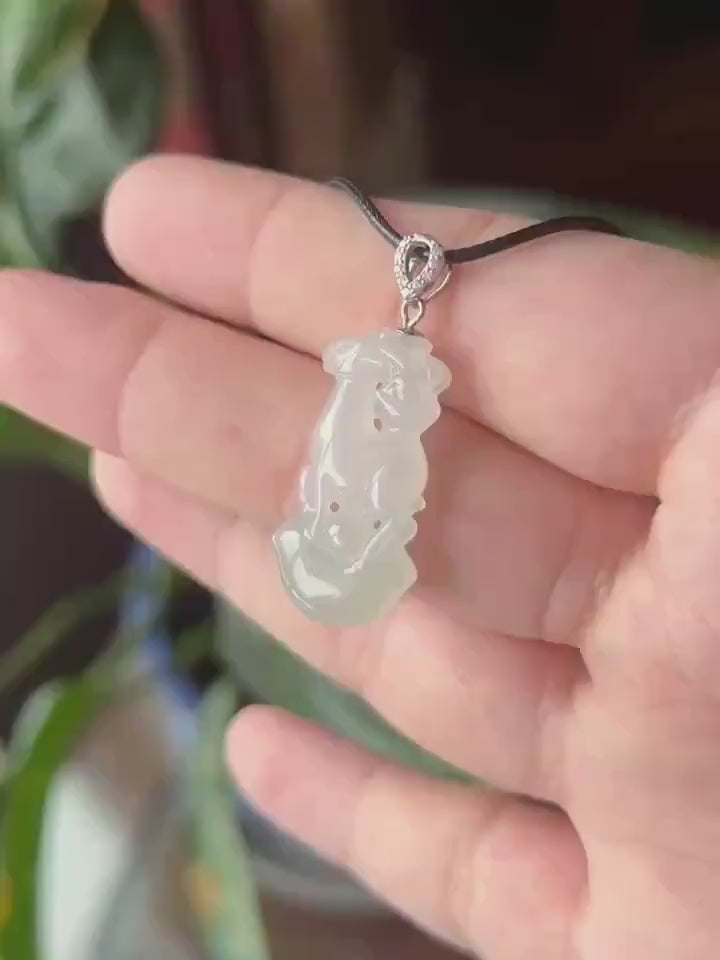 Natural Jade Deer & Ingot Pendant | Burmese Type A Highly Translucent Icy Light Blue and Pale Green Jadeite, 925 Sterling Silver