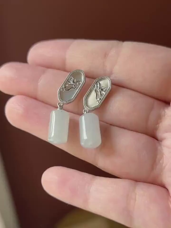 Natural Jadeite Lulutong Drop Earrings: Burmese Type A Untreated Highly Translucent Icy White Jade, Sterling Silver