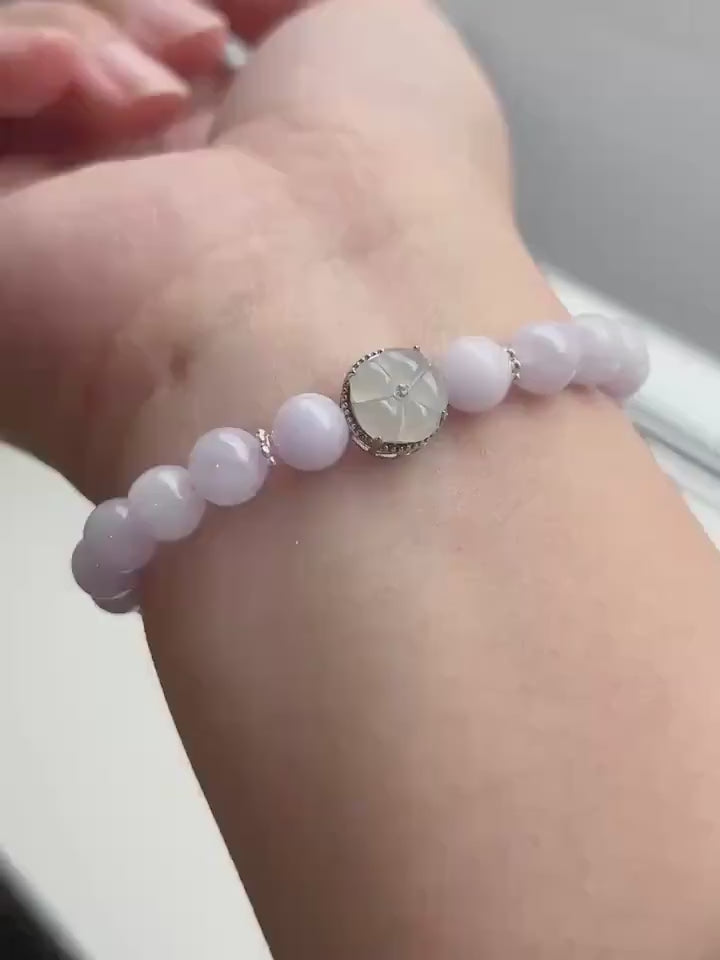 Natural Jadeite Beaded Bracelet Burmese Type A Icy Translucent Pink Lavender Jade 7.6mm | 925 Sterling Silver
