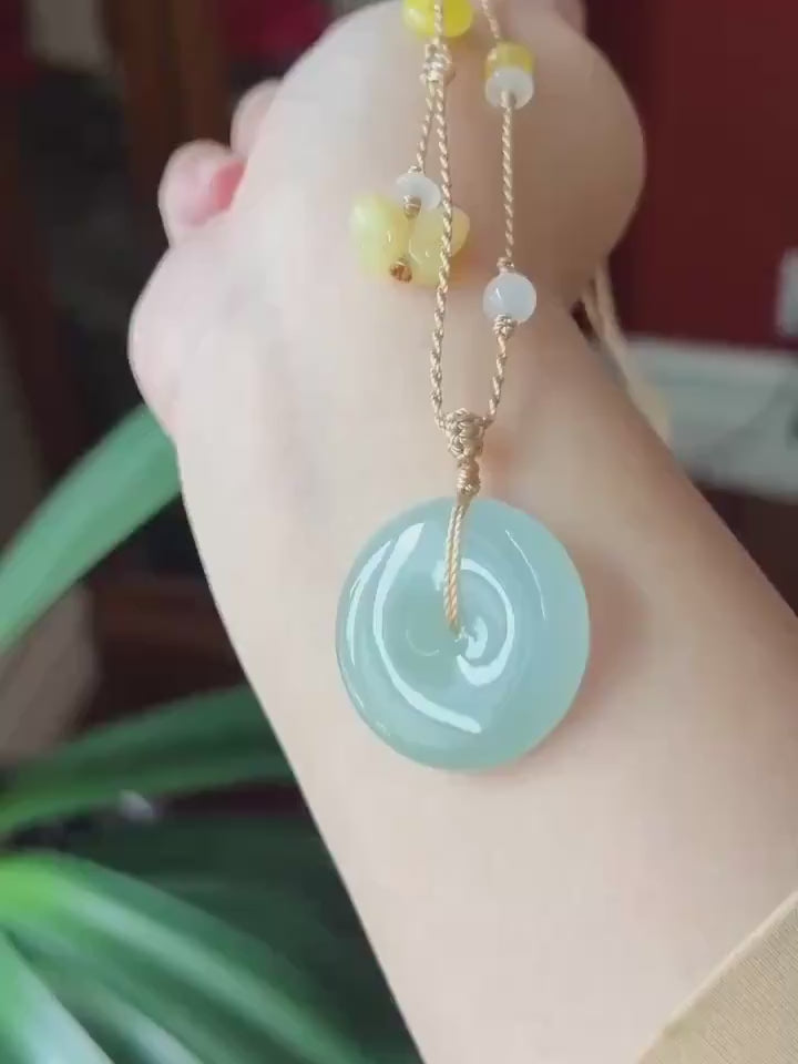 Certified Natural Jadeite Donut Pendant Handwoven Adjustable Necklace Burmese Type A Icy Translucent Bluish Green Jade 30.5 x 5.8mm