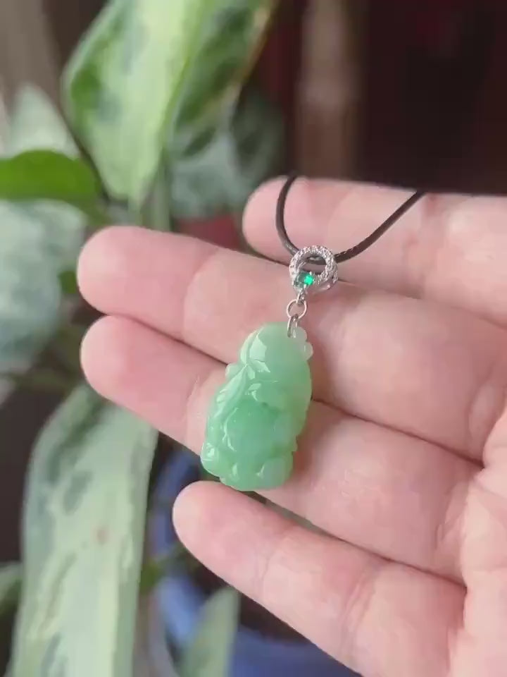 Certified Natural Jade Lotus Pendant | Burmese Type A Translucent Icy Vivid Apple Green Jadeite, 925 Sterling Silver, Double-sided Carving