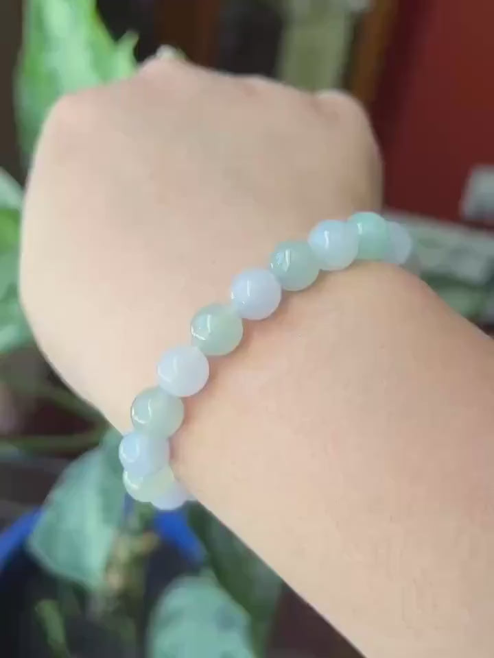 Natural Jadeite Beaded Bracelet Burmese Type A Highly Translucent Fine Icy Macaron Pale Icy Green & Lavender Jade 9mm