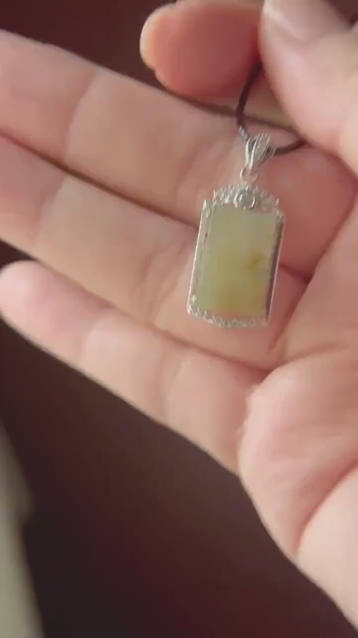 Jadeite Pendant Necklace Natural Burmese Type A Translucent Icy Yellow & Blue Floral Jade Sterling Silver Frame