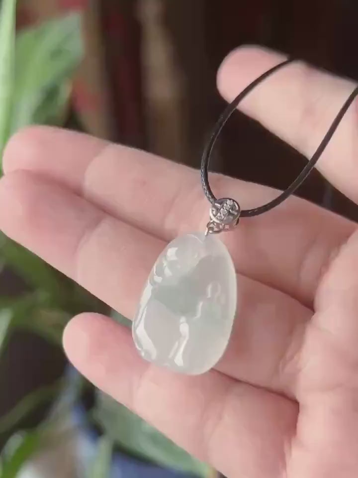 Certified Natural Jade Lotus & Enlightenment Pendant | Burmese Type A Highly Translucent Icy White Green Floral Jadeite, 925 Sterling Silver