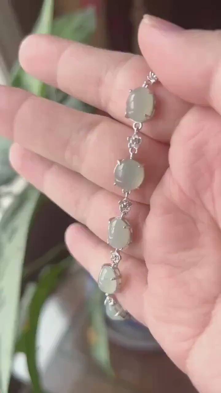 Natural Jadeite Cabochon Bracelet, Burmese Type A Icy Translucent Grayish Soft Blue/Green Jade in 925 Sterling Silver