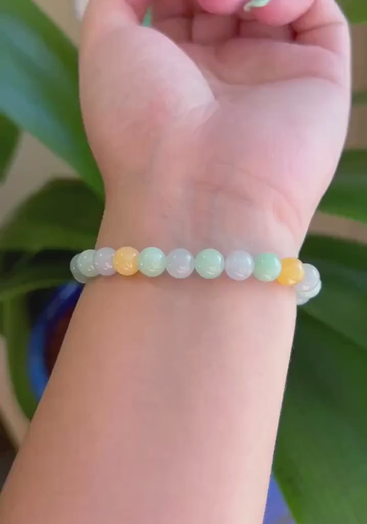 Jadeite Beaded Bracelet Jewelry Gift for Her Genuine Burma Type A Icy Translucent Jadeite Multi-Color Fei-Cui 7.5mm Handmade in Canada