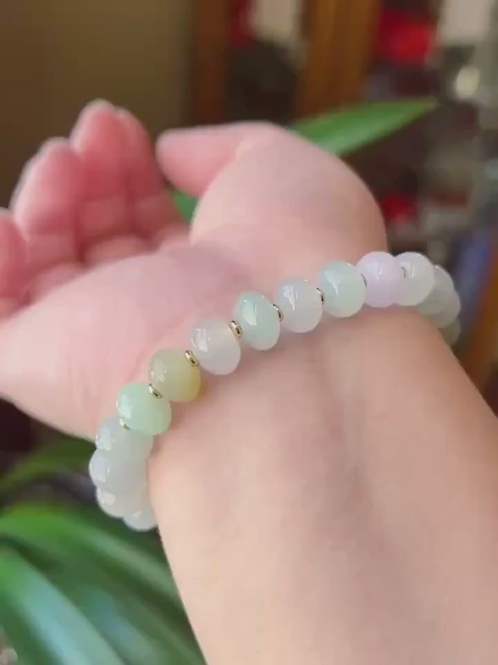 Natural Jadeite Beaded Bracelet, Burmese Type A Untreated Highly Translucent Icy Pastel Macaron Multicolor Jade, 9mm