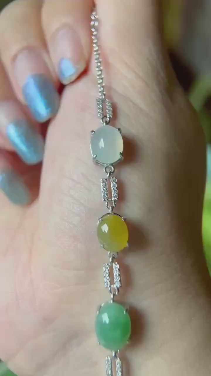 Natural Jadeite & Sterling Silver Bracelet Jewelry Burmese Type A Icy Highly Translucent Multicolor Jade