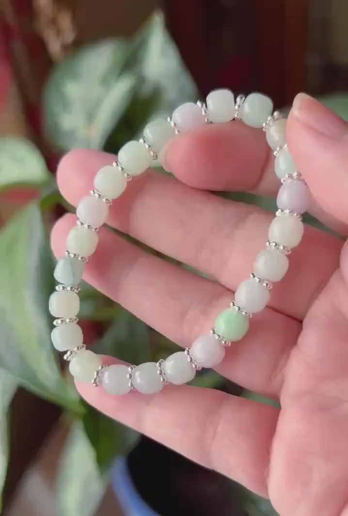 Natural Jadeite Beaded Bracelet, Burmese Type A Icy Translucent Macaron Multicolor 7.2mm Jade