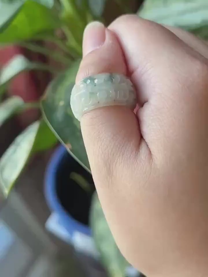 Certified Natural Jadeite Carved Auspicious Ring, Type A Burmese Icy Translucent Light Green & Bluish Green Floral Jade Wide Band, US 9
