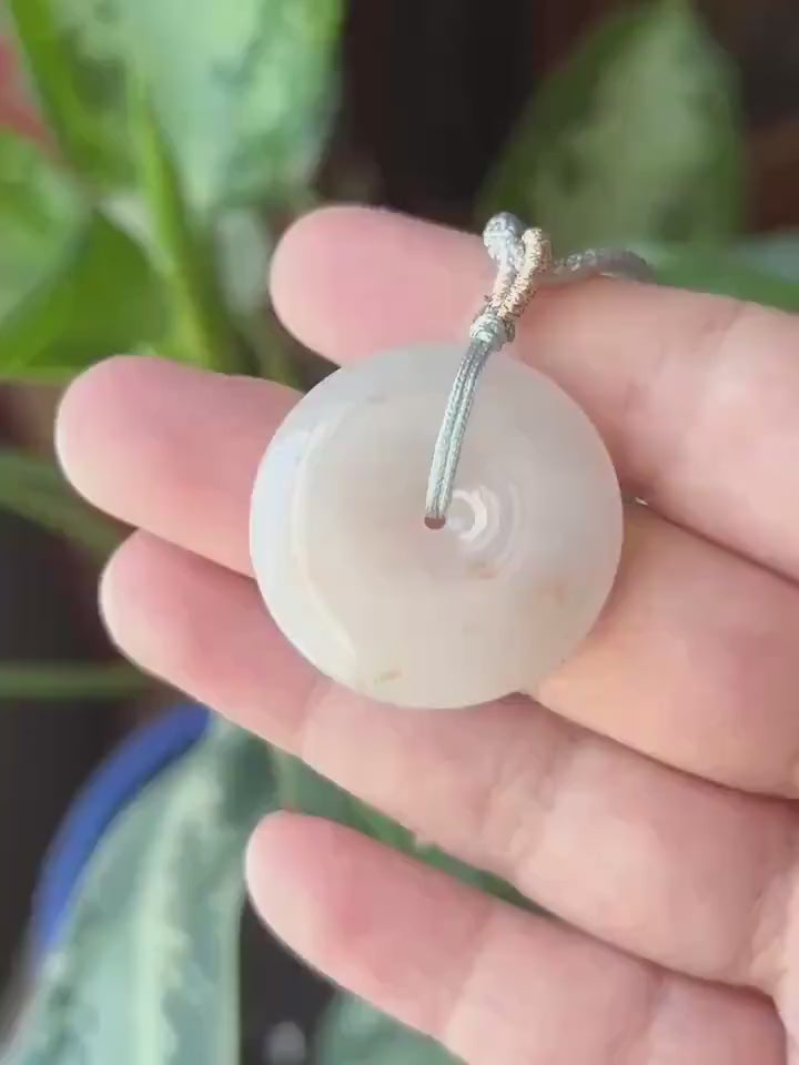 Natural Jadeite Lucky Donut Pendant Handwoven Necklace Burmese Type A Highly Translucent Icy White Red Floral Jade PingAnKou 30.3 x 5.9mm
