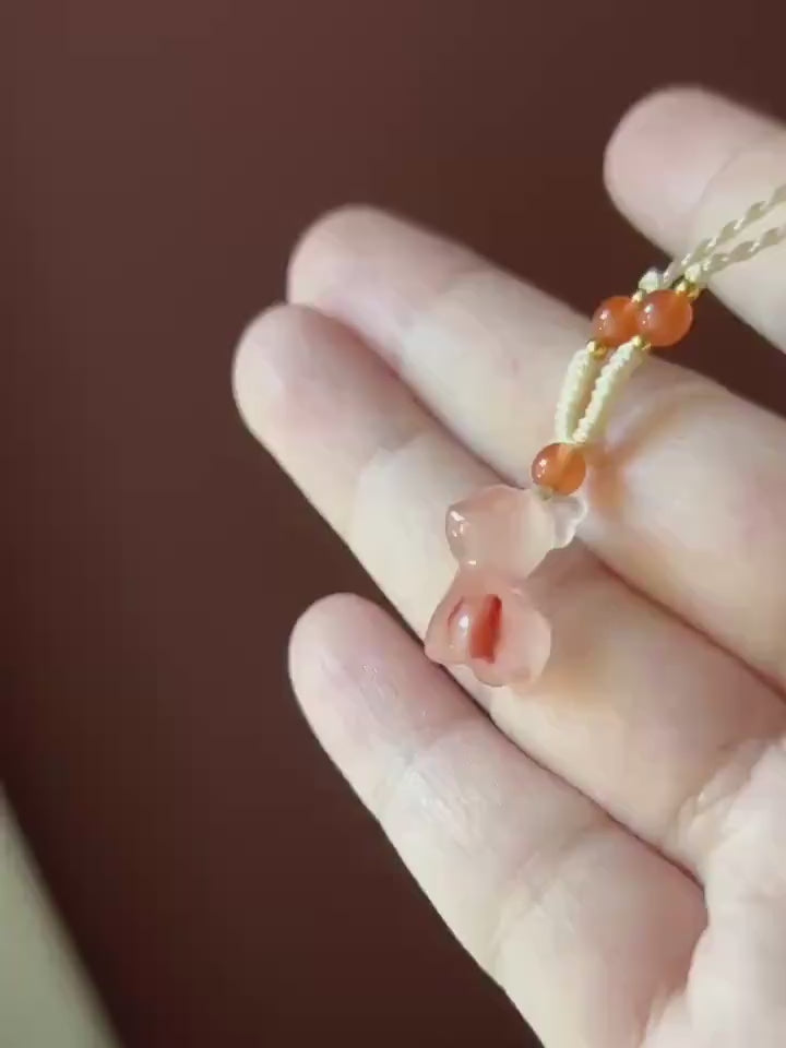 Natural Nanhong Agate Cute Deer Pendant Handwoven Necklace| Protection Amulet | South Red Floral Agate | Lucky Jade Charm